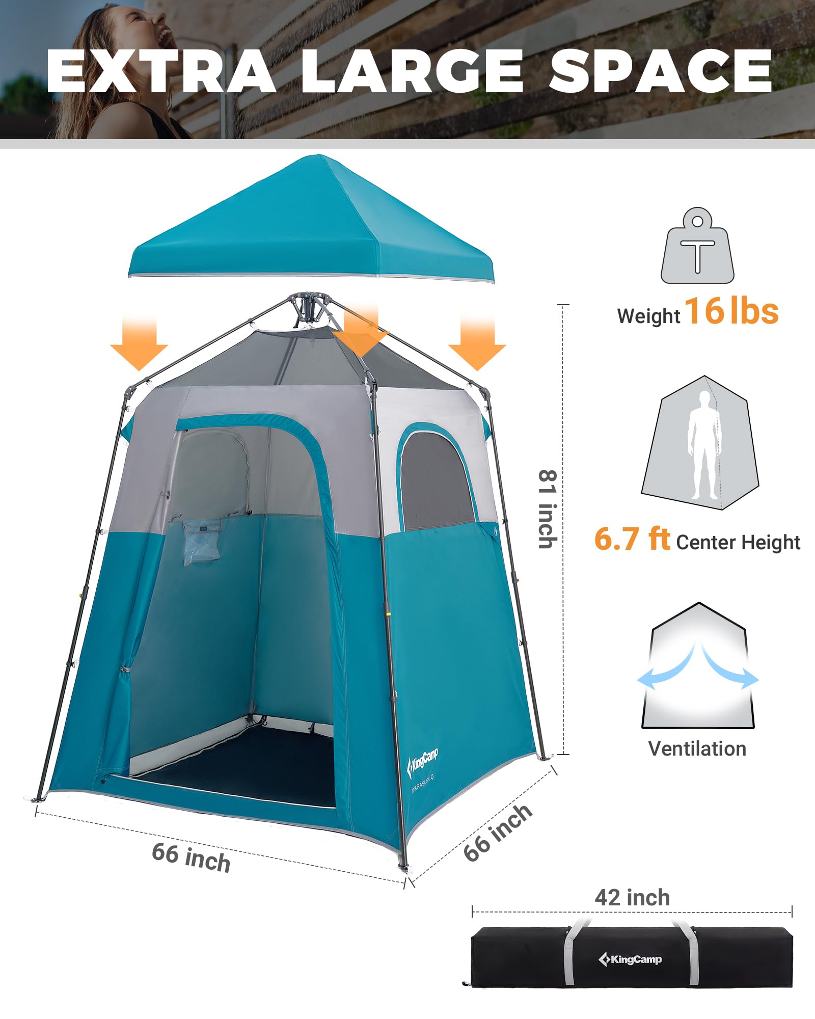 KingCamp Instant Shower Tent side view with stable frame and stakes
