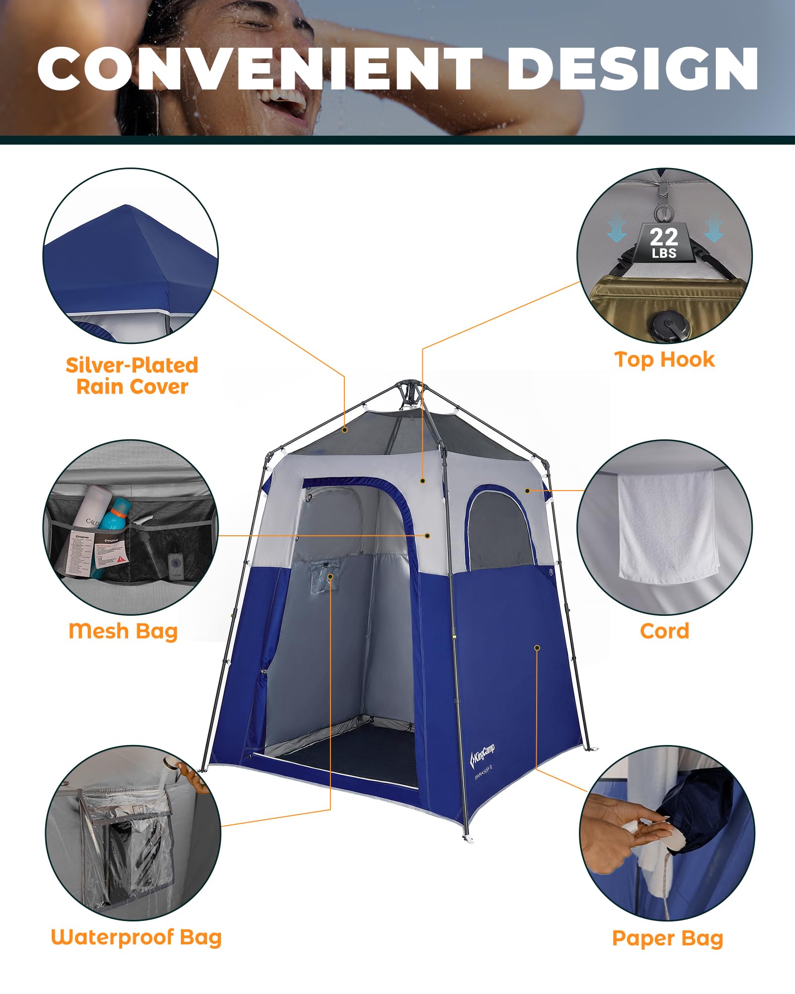 KingCamp Instant Shower Tent top hook and side hooks for convenient gear