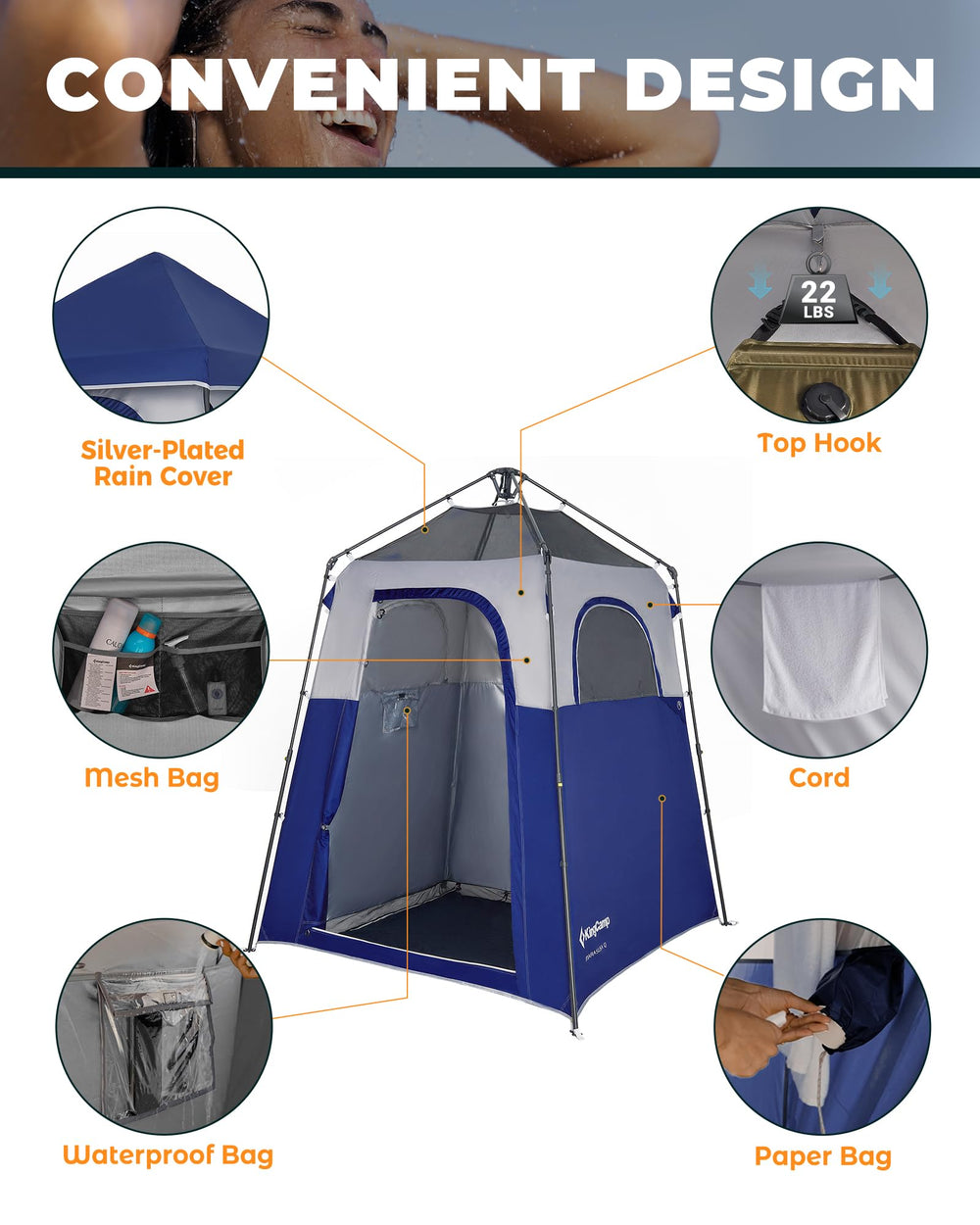 KingCamp Instant Shower Tent top hook and side hooks for convenient gear