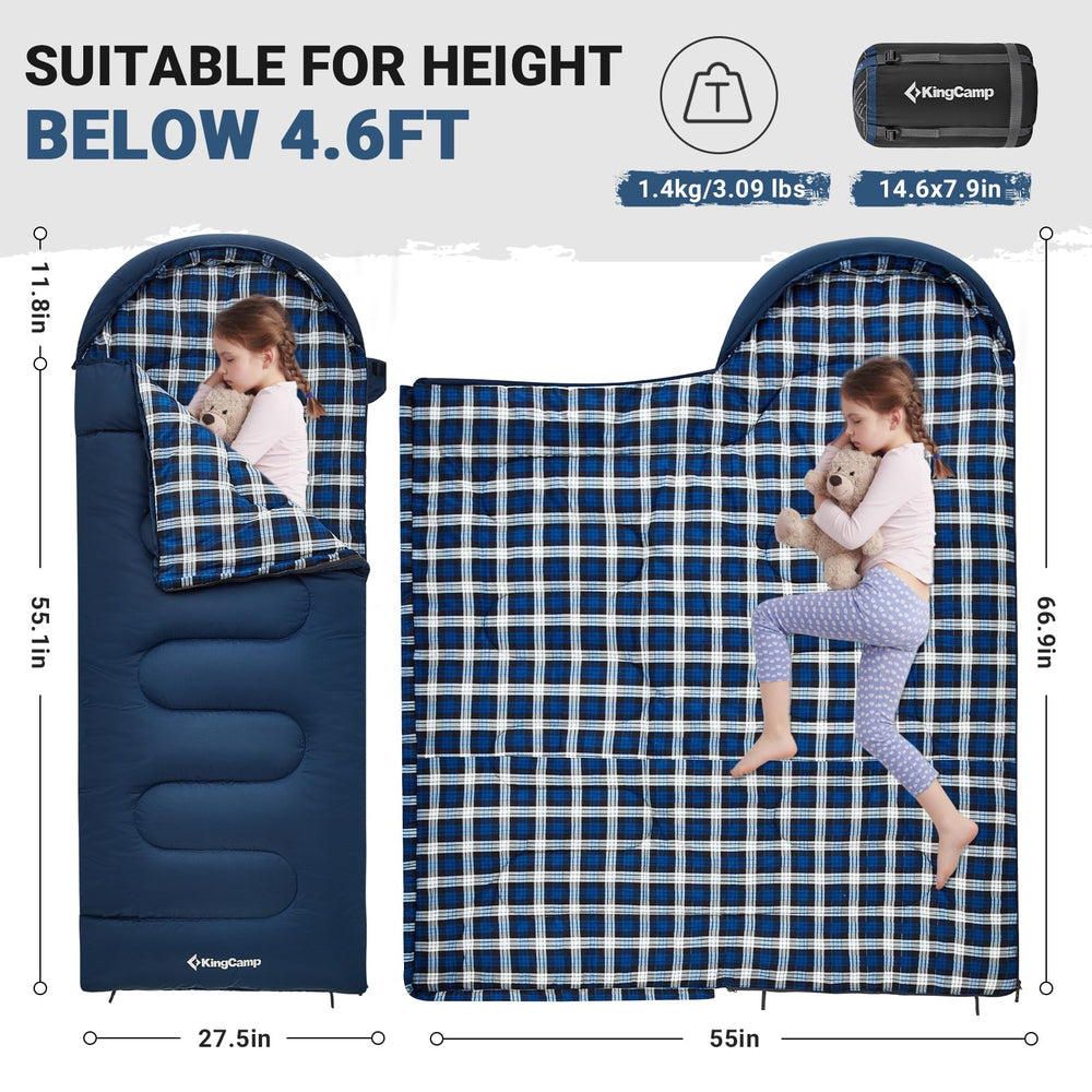 KingCamp kids sleeping bag inner cotton flannel lining delivers quiet, skin-friendly comfort.