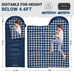 KingCamp kids sleeping bag inner cotton flannel lining delivers quiet, skin-friendly comfort.