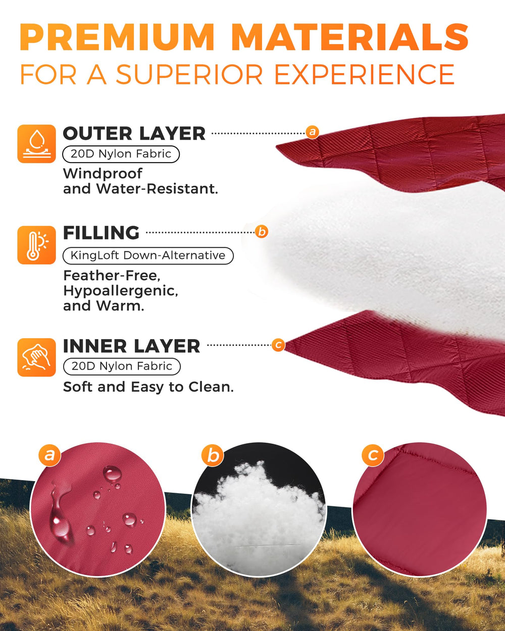 KingCamp king-loft-fiberfill-warmth highlights soft, hypoallergenic insulation.