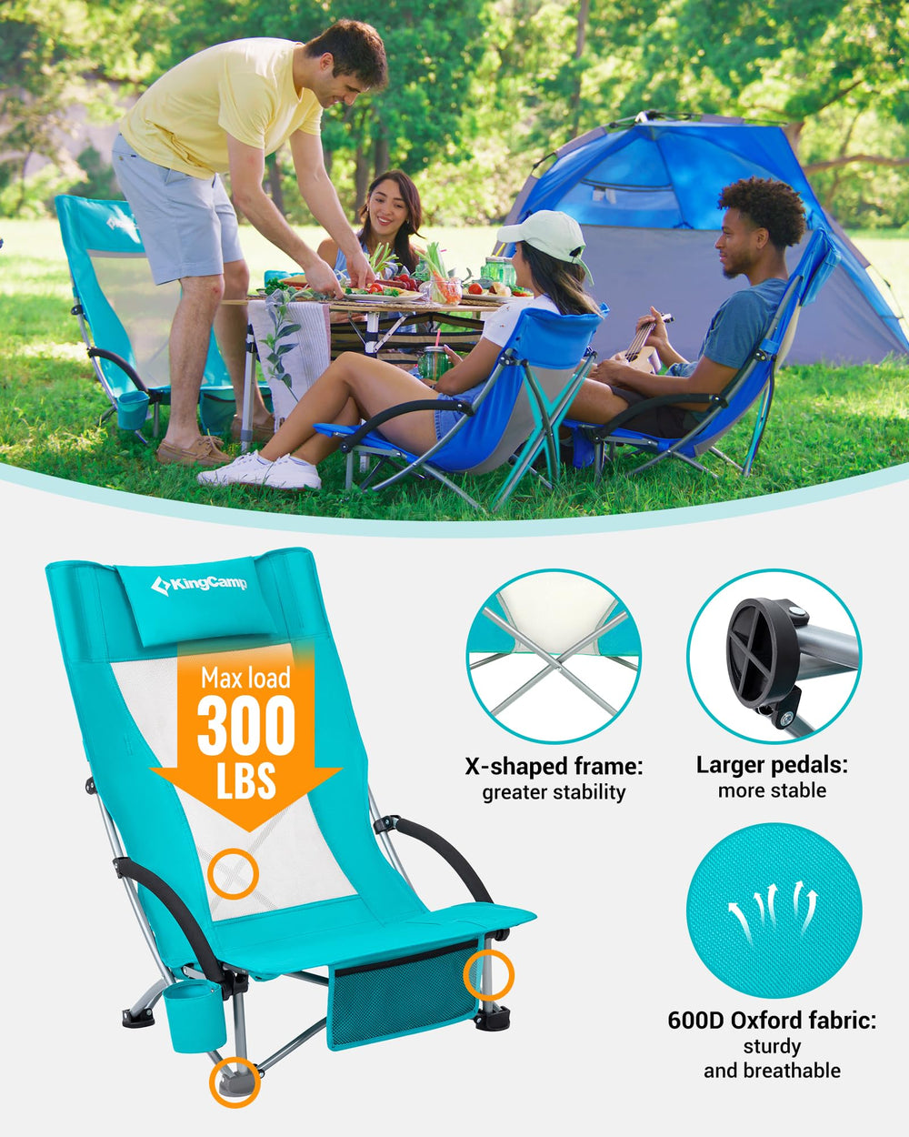 KingCamp Low Beach Chairs featuring cup holder and pocket for essentials.