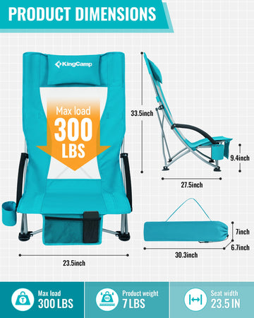 KingCamp Low Beach Chairs ergonomic high-back support for relaxed lounging.