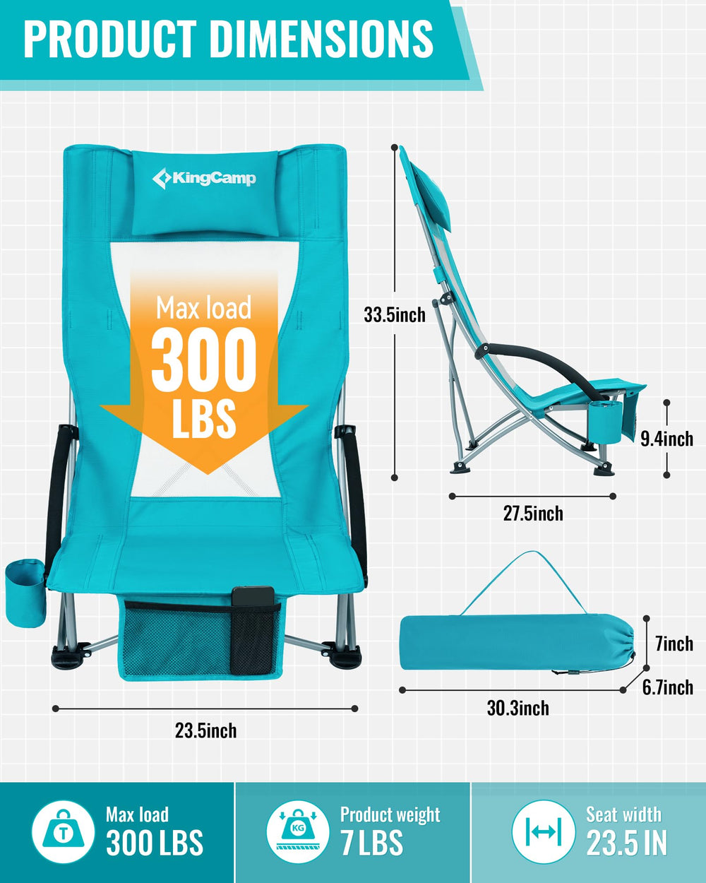 KingCamp Low Beach Chairs ergonomic high-back support for relaxed lounging.