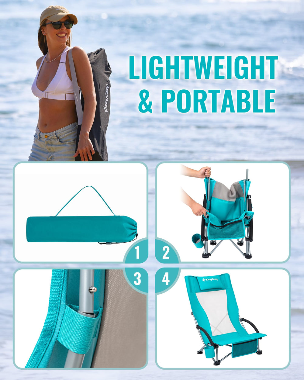 KingCamp Low Beach Chairs fold with a strap and carry bag for travel.