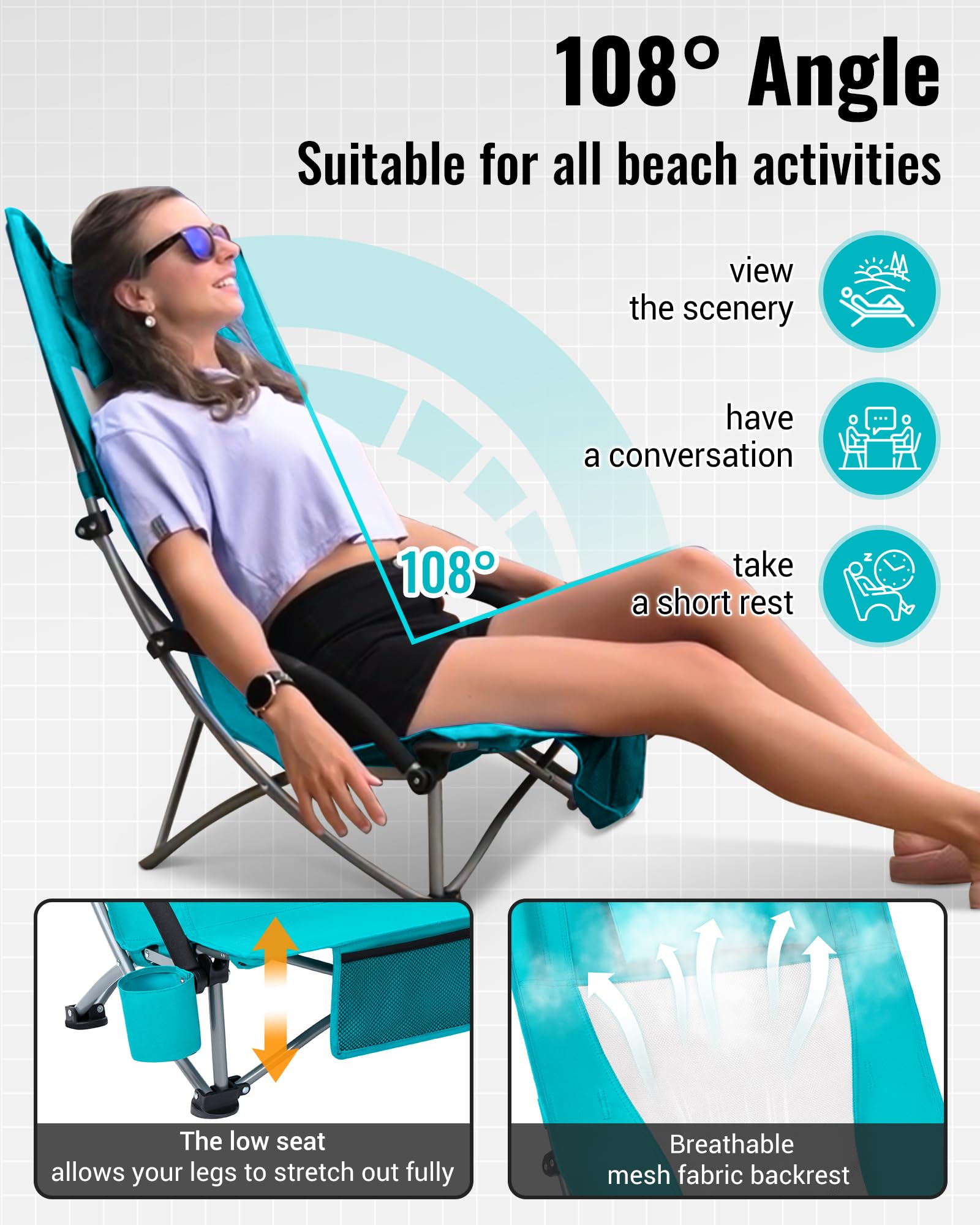 KingCamp Low Beach Chairs with 23.5-inch oversized seat width for comfort.