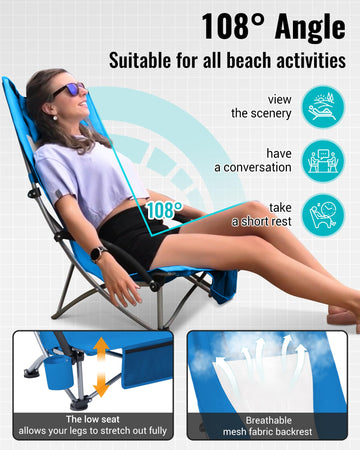KingCamp Low Beach Chairs steel frame offers durable support up to 300 lbs.