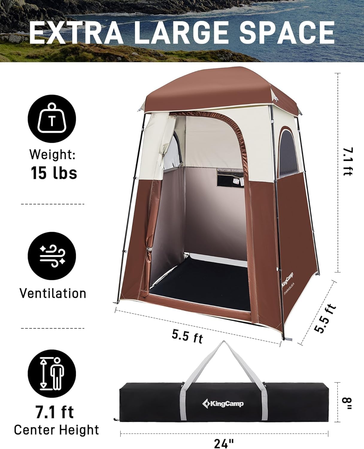 KingCamp oversize privacy shower tent interior shows extra-large room for comfortable movement