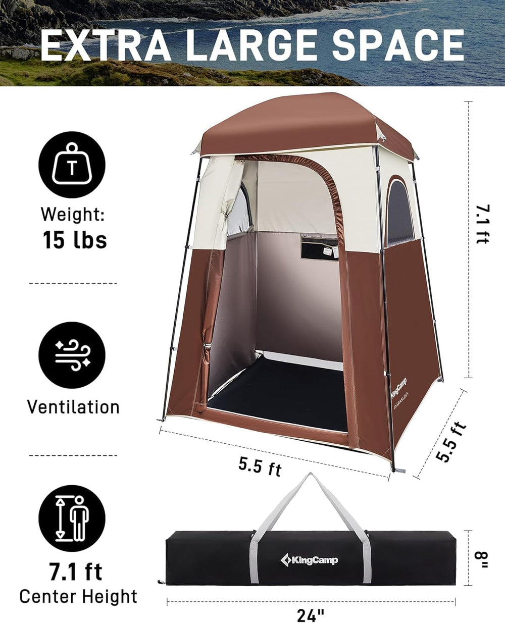 KingCamp oversize privacy shower tent interior shows extra-large room for comfortable movement