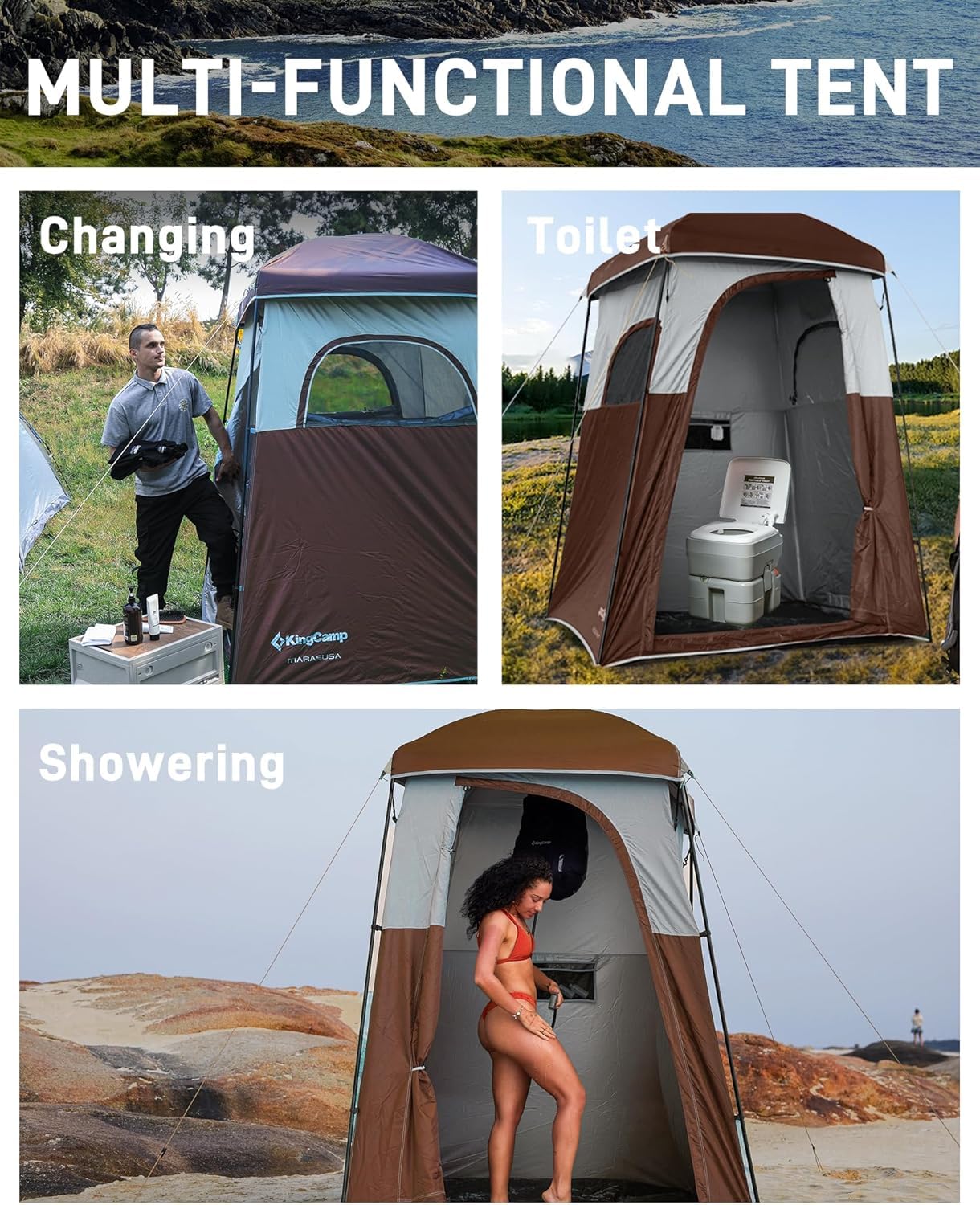 KingCamp oversize privacy shower tent removable rainfly shields from weather while maintaining privacy