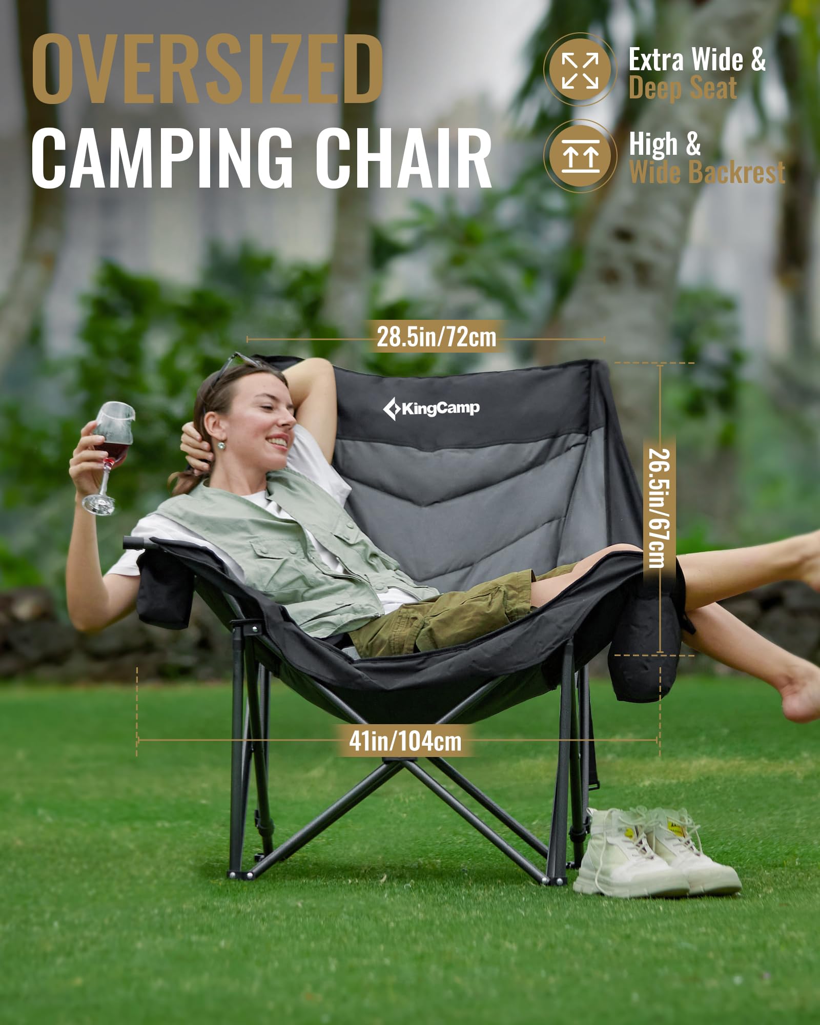 KingCamp oversized XL chair with insulated cooler bag attached for beverages