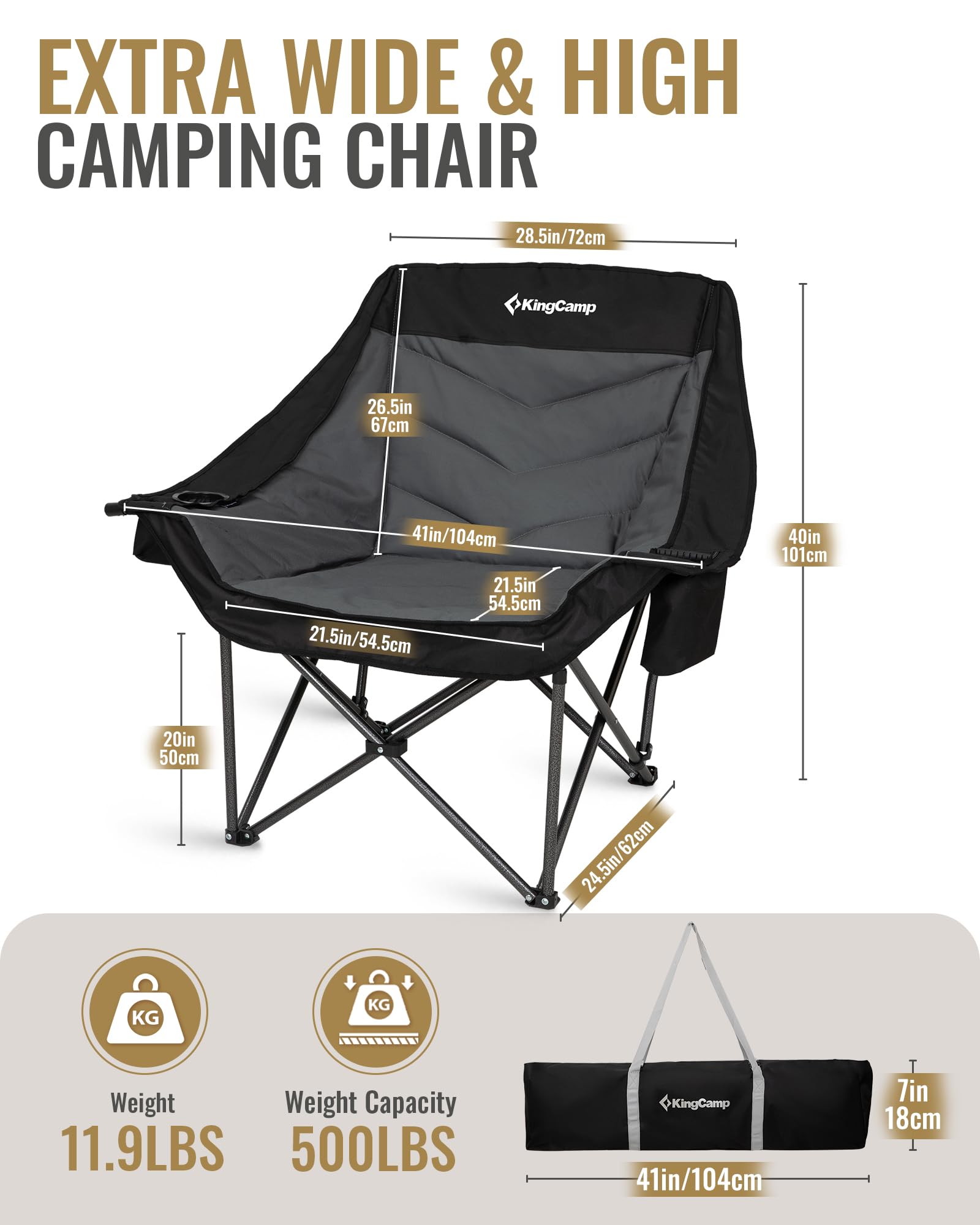 KingCamp oversized XL chair seat wide close-up showing 41-inch width