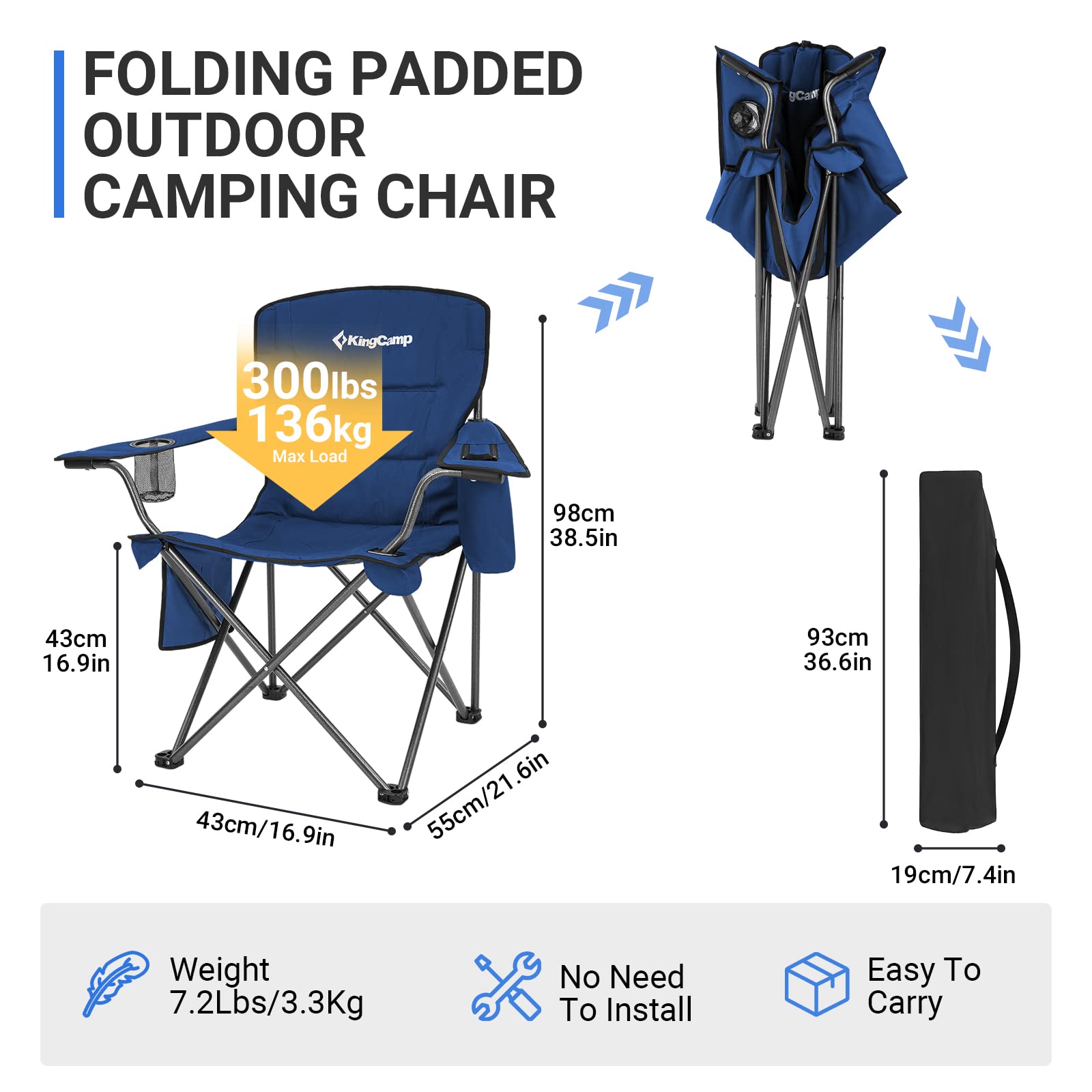 KingCamp padded lounge chair blue backrest offers supportive comfort at campsites.