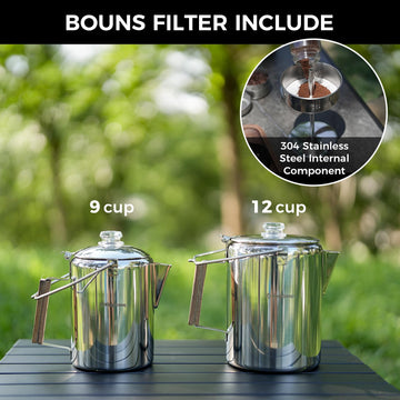 KingCamp stainless steel percolator emphasizing rust-free durability