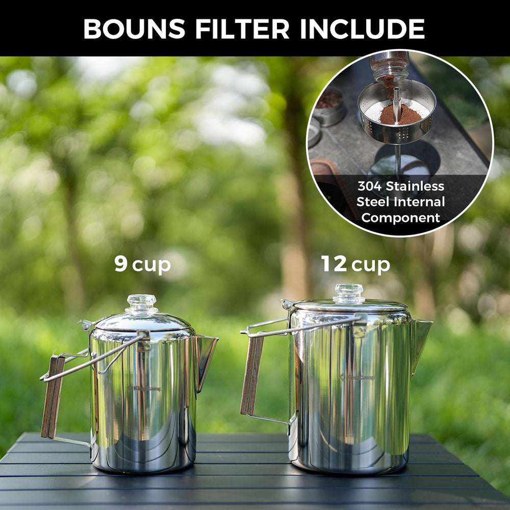 KingCamp stainless steel percolator emphasizing rust-free durability