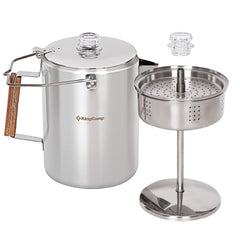 KingCamp percolator coffee pot with wood handle for comfortable outdoor use