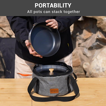 KingCamp perforated handles enable hanging pots over campfires to heat gradually.