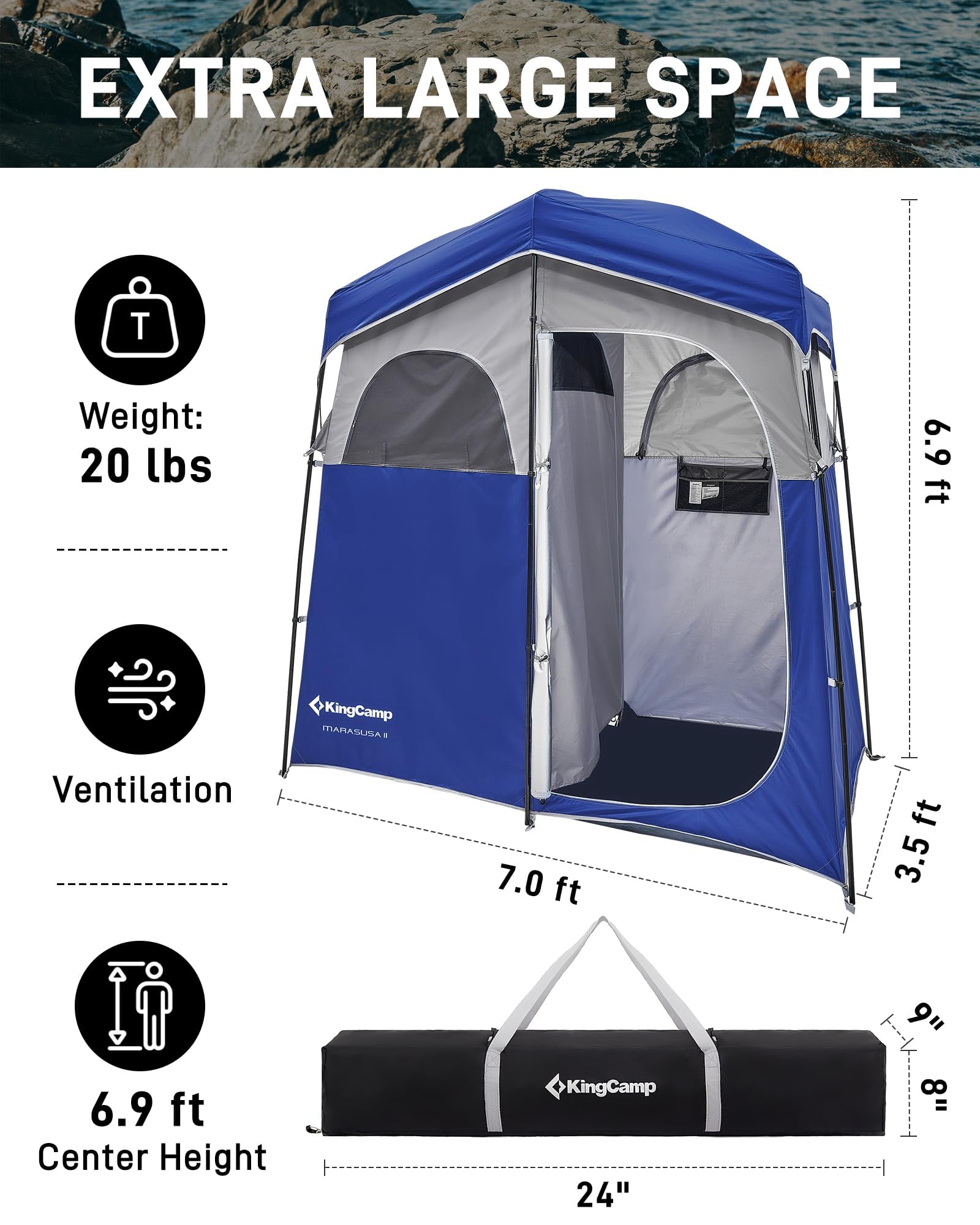 KingCamp shower tent open setup demonstrates quick, easy assembly for travel and beach trips