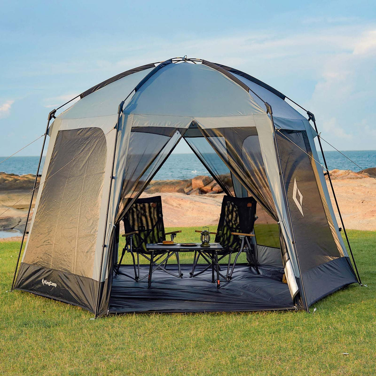KingCamp screen tent hexagonal design offers roomy interior for family camping.