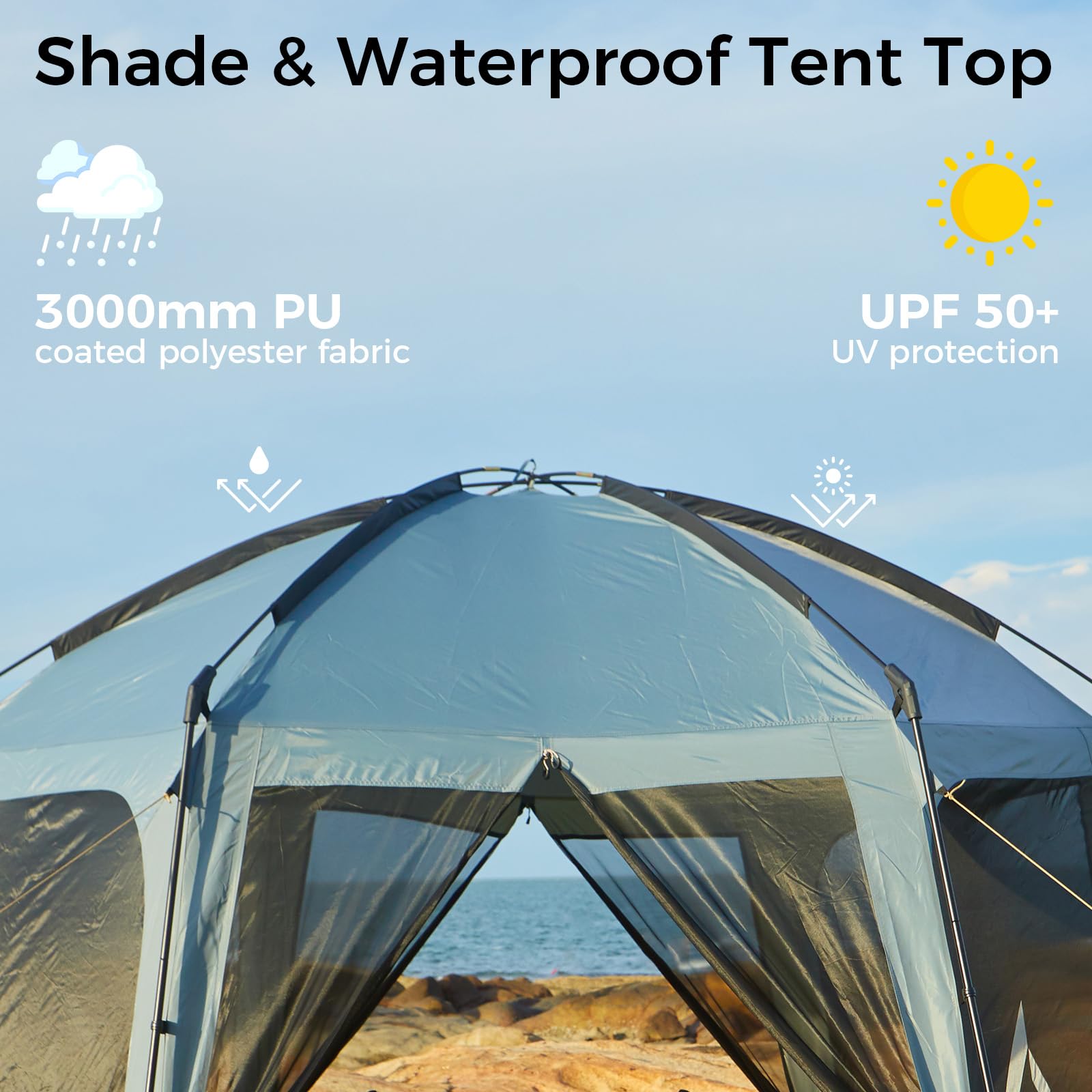 KingCamp screen tent wind ropes and stakes enhance stability in wind.
