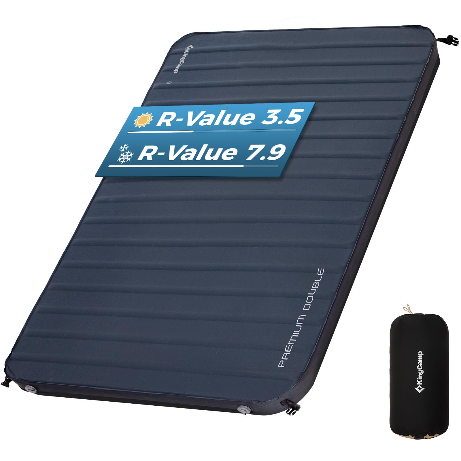 KingCamp self-inflating sleeping pad front view, spacious two-person setup for camping.