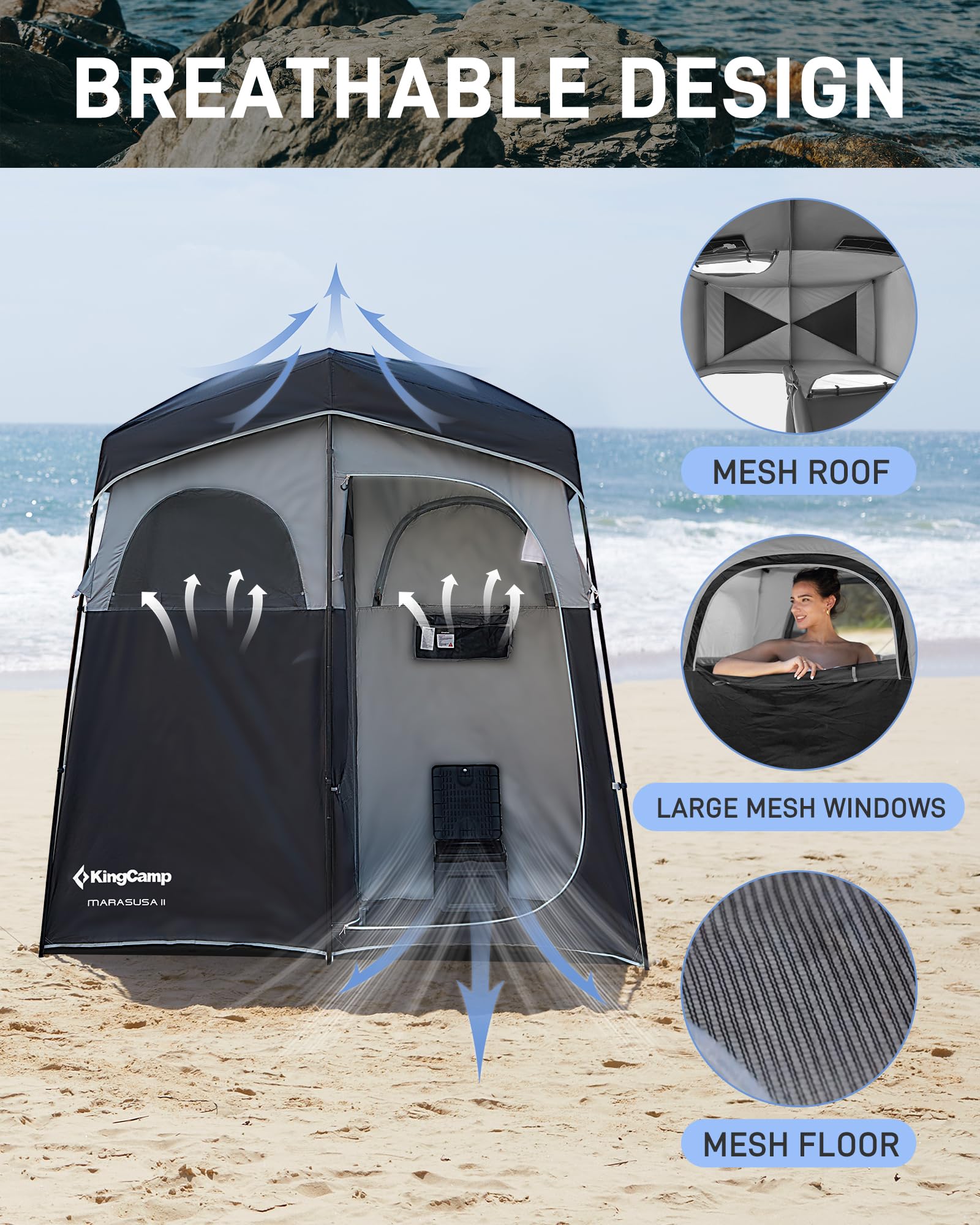 KingCamp Shower Tent 2-room layout accommodates two adults with wet and dry zones.