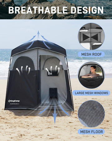 KingCamp Shower Tent 2-room layout accommodates two adults with wet and dry zones.