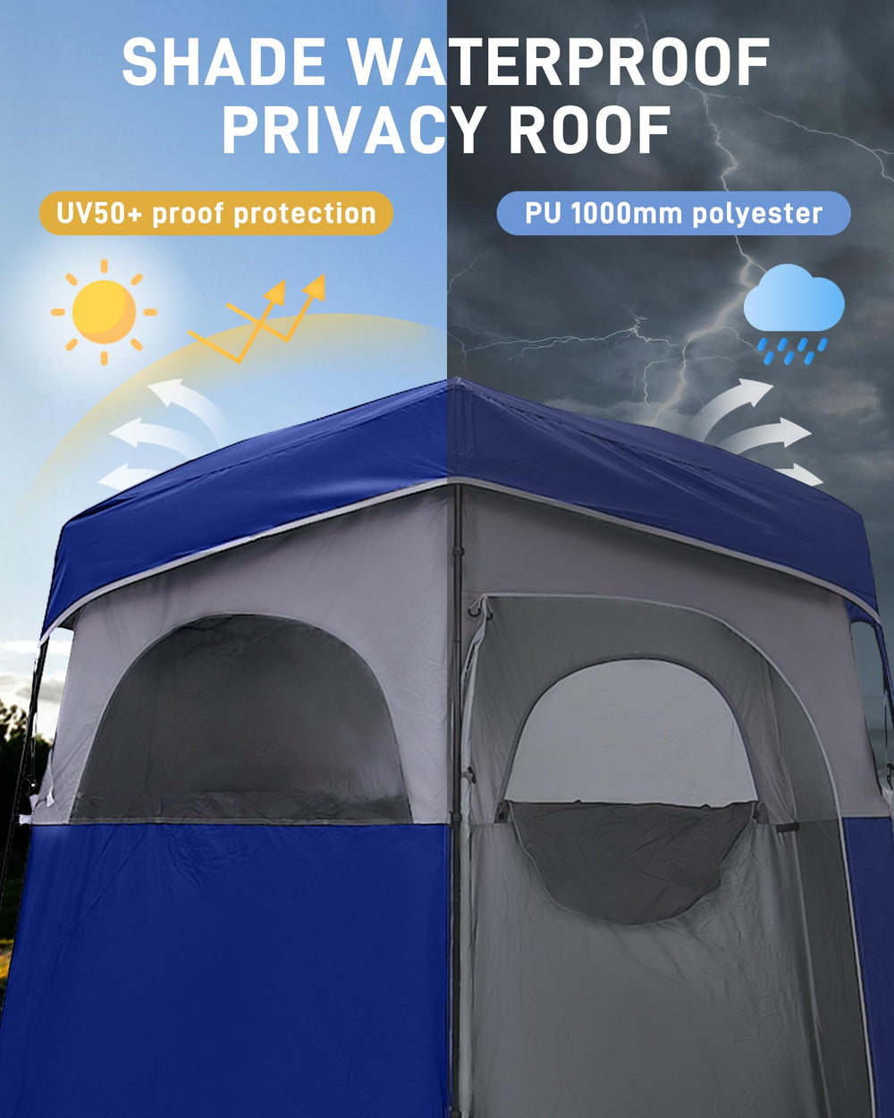 KingCamp shower tent with ceiling and side hooks for shower bags and heads