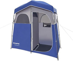 KingCamp shower tent interior with hooks shows organized storage for bags and clothing