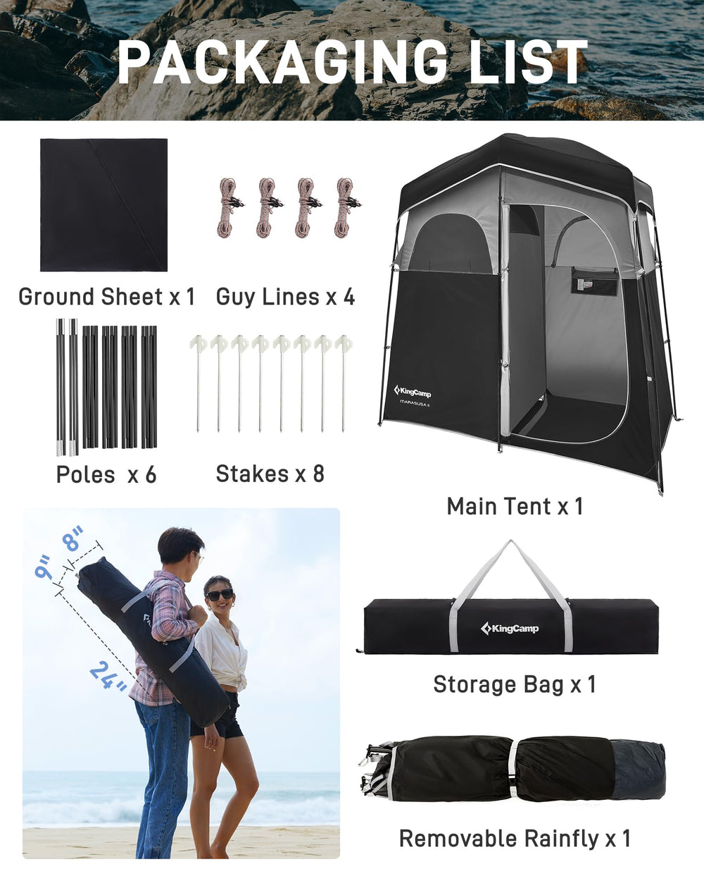 KingCamp Shower Tent versatile as shower, toilet, or beach shelter during outdoor trips.