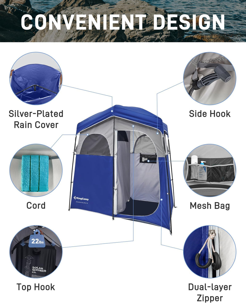 KingCamp shower tent privacy view highlights light-blocking fabric and UPF sun protection