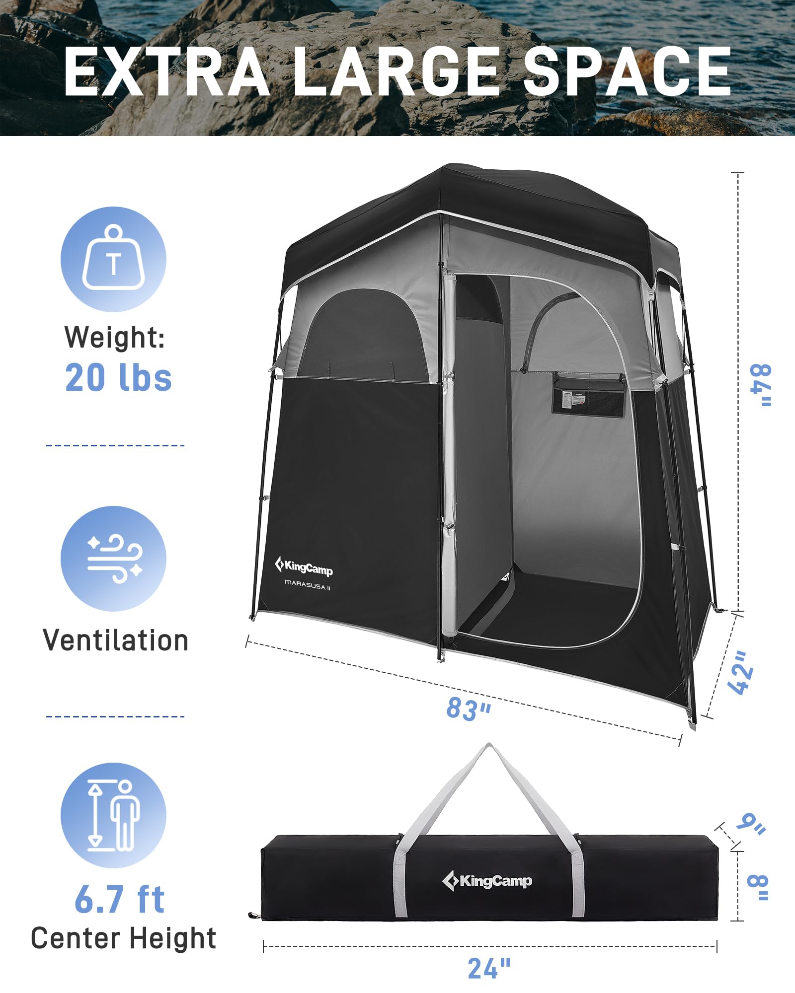 KingCamp Shower Tent silver-coated fabric privacy with UPF 50+ sun protection for sunny days.