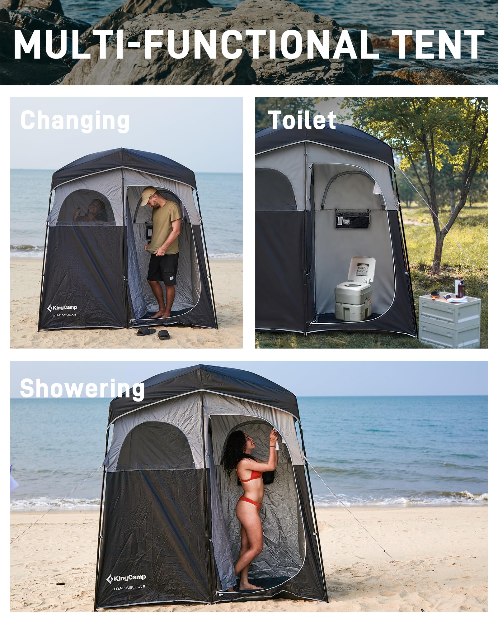 KingCamp Shower Tent PE floor and mesh skirt drain water and deter bugs.