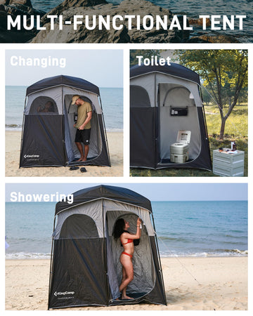 KingCamp Shower Tent PE floor and mesh skirt drain water and deter bugs.