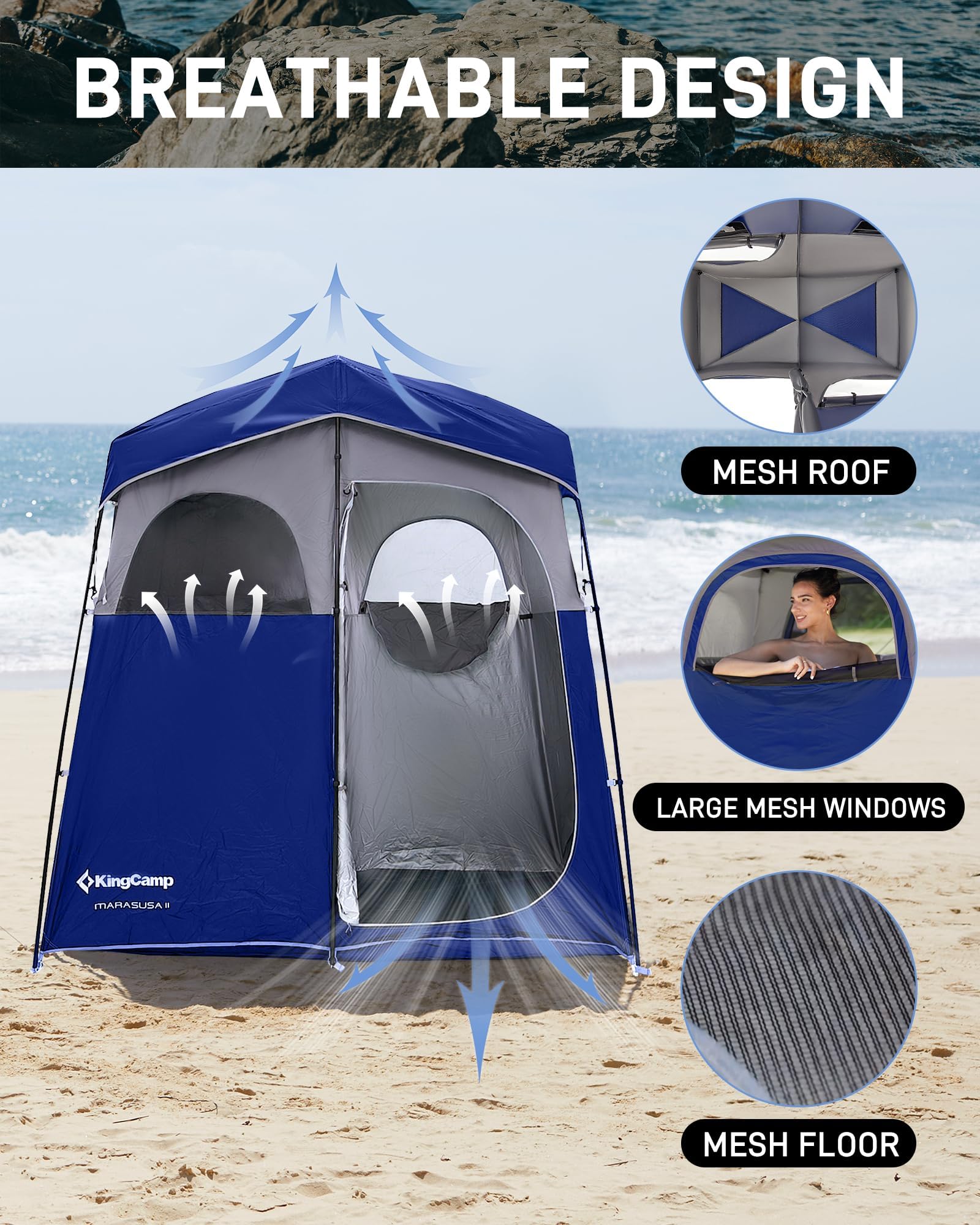 KingCamp silver-coated fabric emphasizes sun protection and privacy in the shower tent