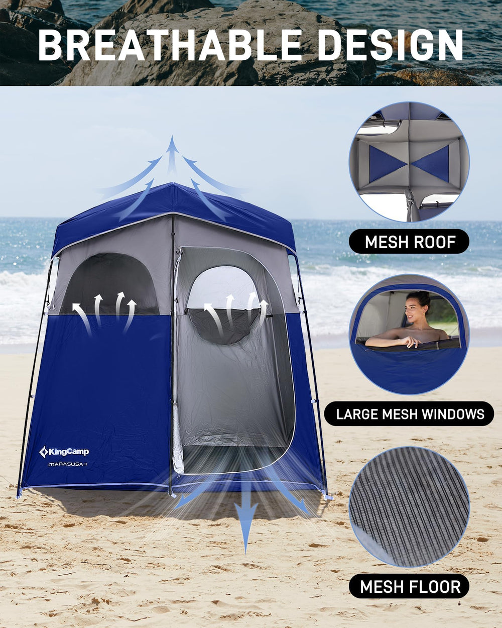 KingCamp silver-coated fabric emphasizes sun protection and privacy in the shower tent