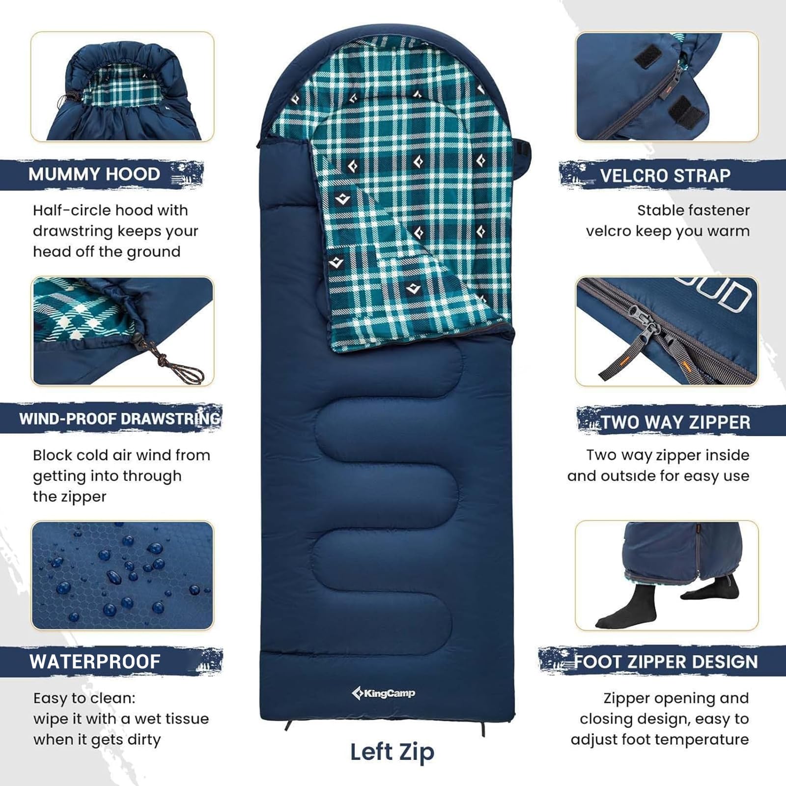 KingCamp sleeping bag navy left half-circle hood provides cozy head warmth