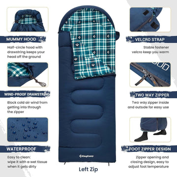 KingCamp sleeping bag navy left half-circle hood provides cozy head warmth
