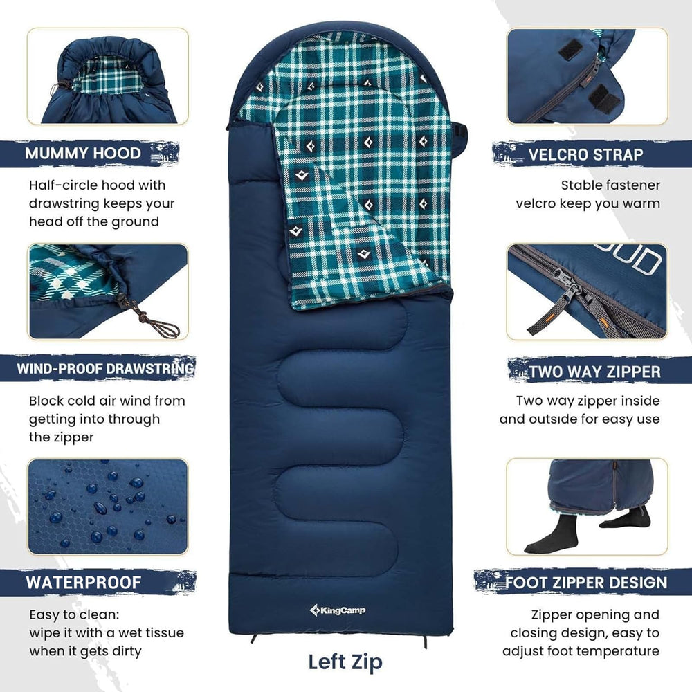 KingCamp sleeping bag navy left half-circle hood provides cozy head warmth