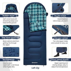 KingCamp sleeping bag navy left half-circle hood provides cozy head warmth