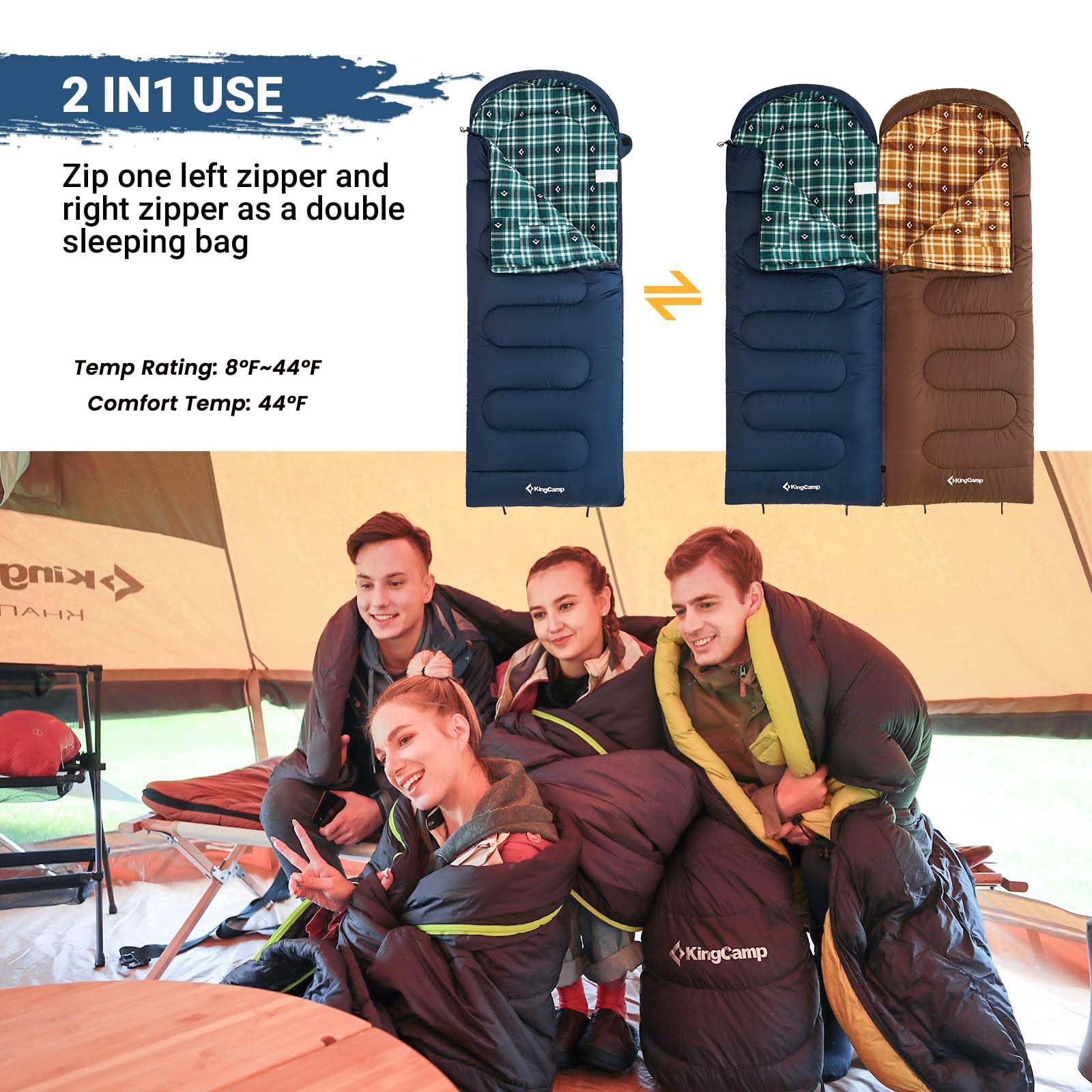 KingCamp sleeping bag navy left soft flannel lining enhances skin comfort
