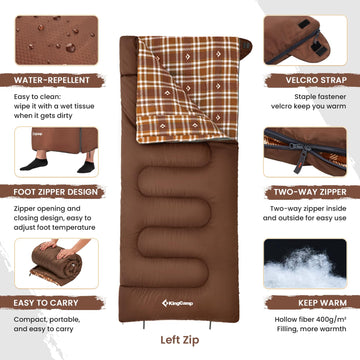 KingCamp sleeping bag with Velcro collar keeps zipper secure for uninterrupted warmth.