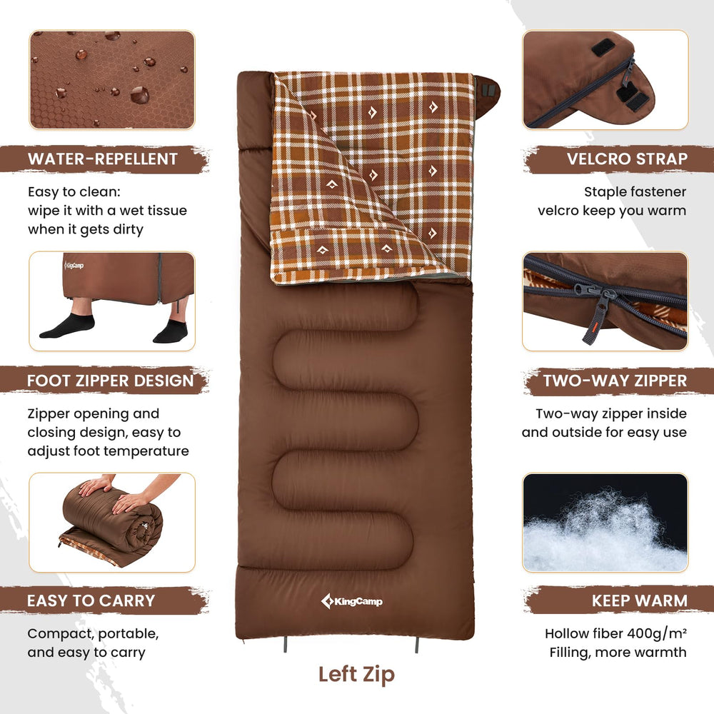 KingCamp sleeping bag with Velcro collar keeps zipper secure for uninterrupted warmth.