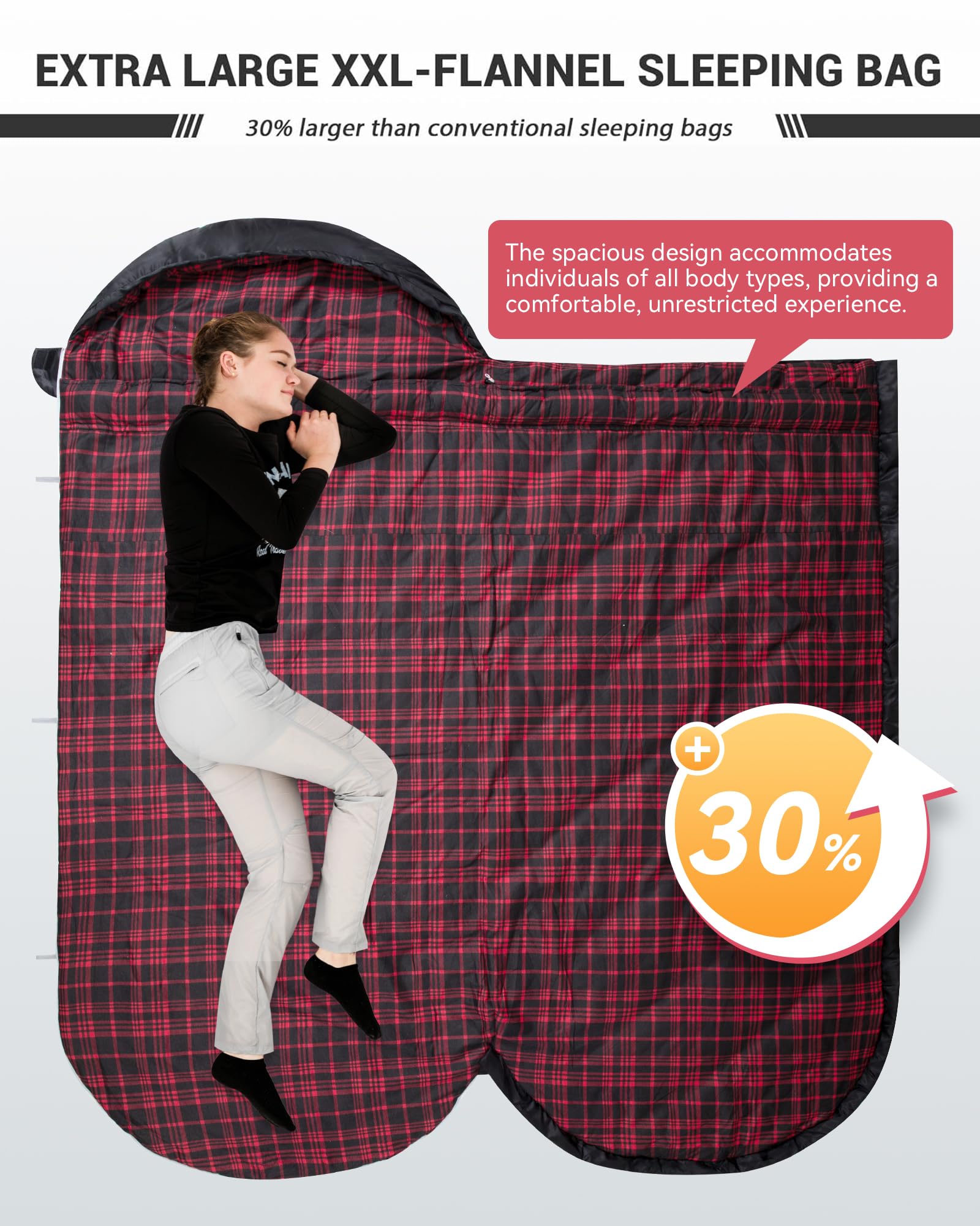 KingCamp XL hooded sleeping bag interior with cotton-flannel lining for soft warmth.