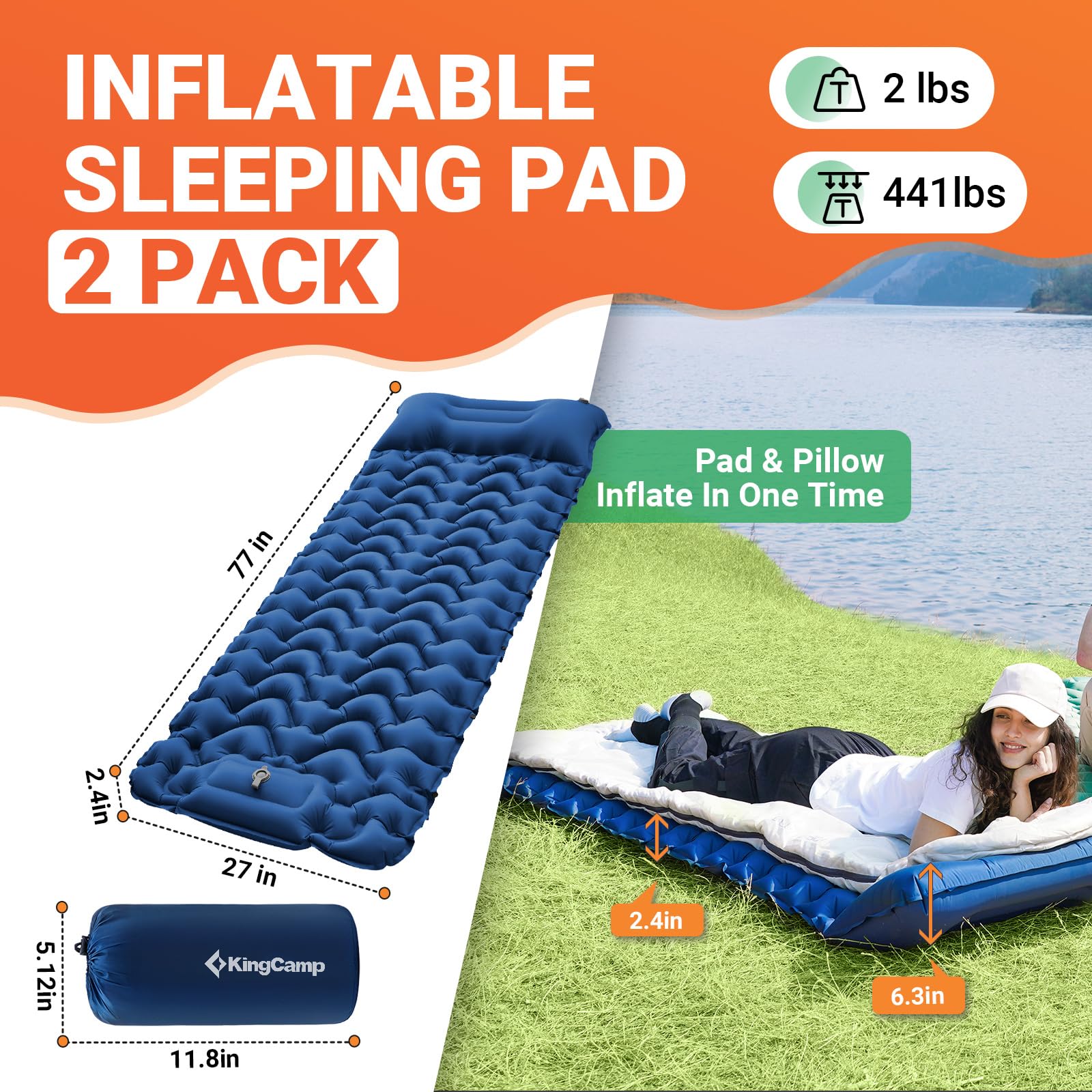 KingCamp sleeping pad 77x27 surface offers extra-wide comfort for two.