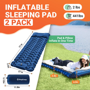 KingCamp sleeping pad 77x27 surface offers extra-wide comfort for two.