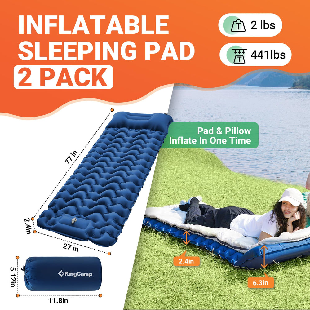 KingCamp sleeping pad 77x27 surface offers extra-wide comfort for two.