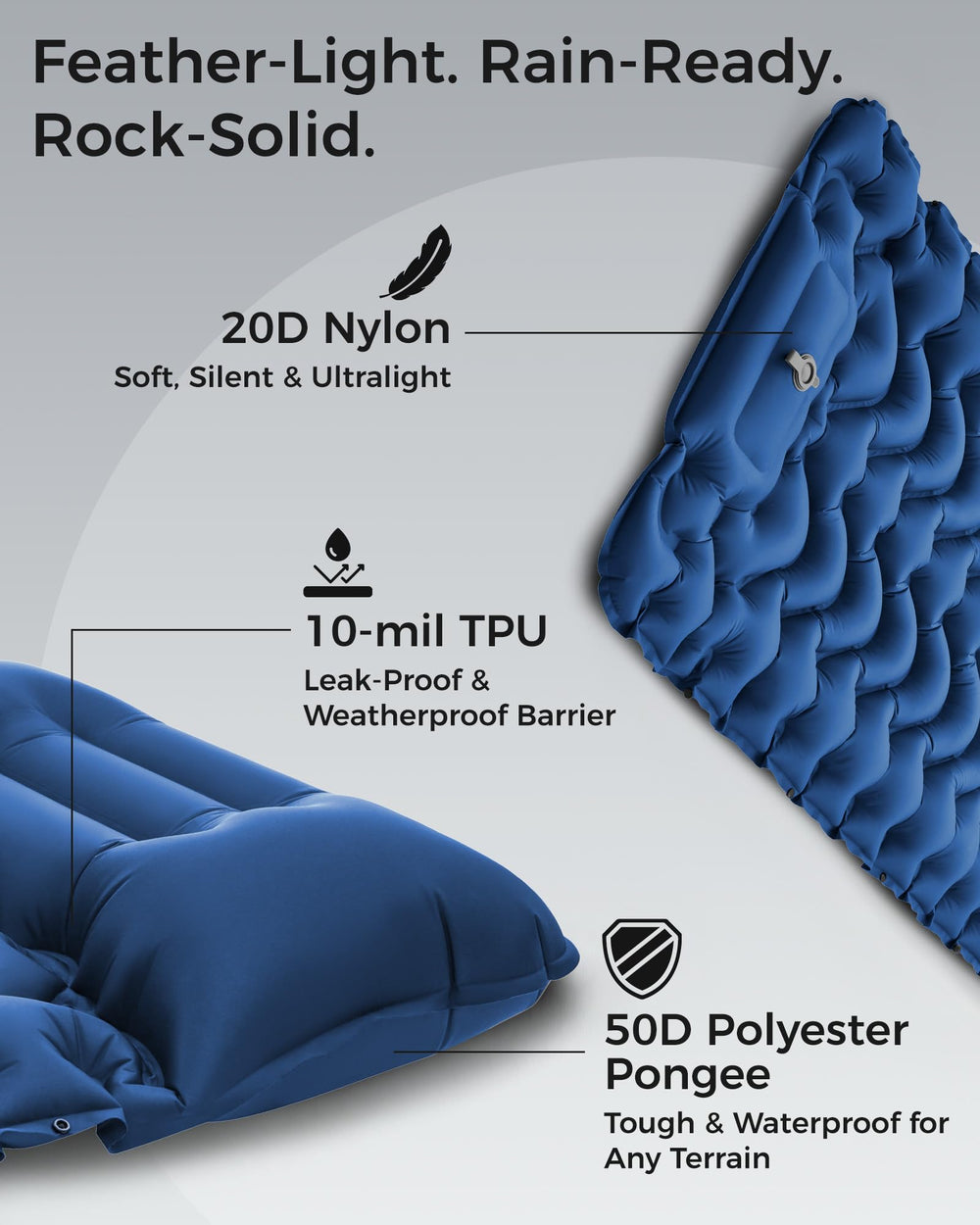 KingCamp sleeping pad built-in foot pump inflates quickly for easy setup.
