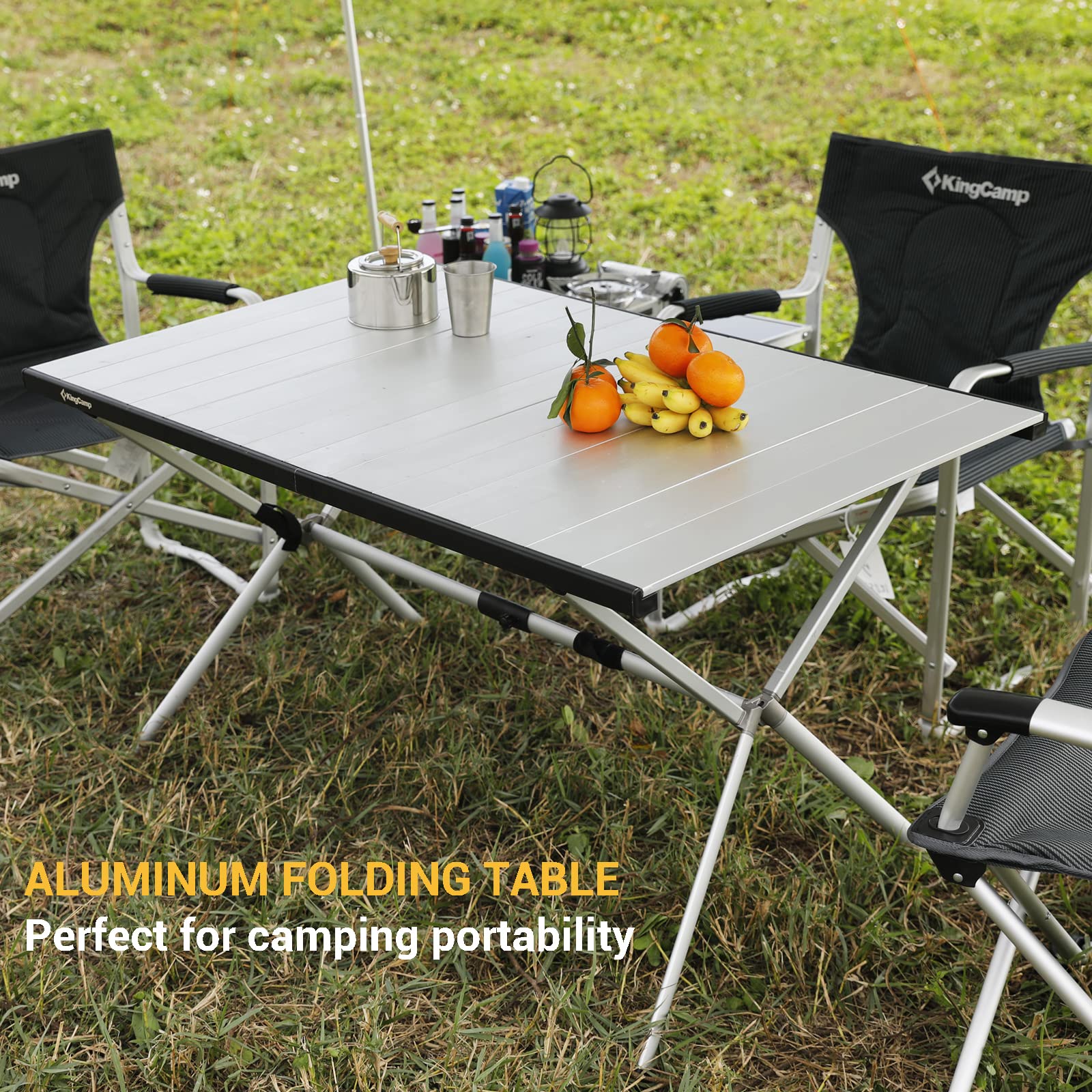 KingCamp table aluminum top closeup highlights a seamless surface for stable meals.